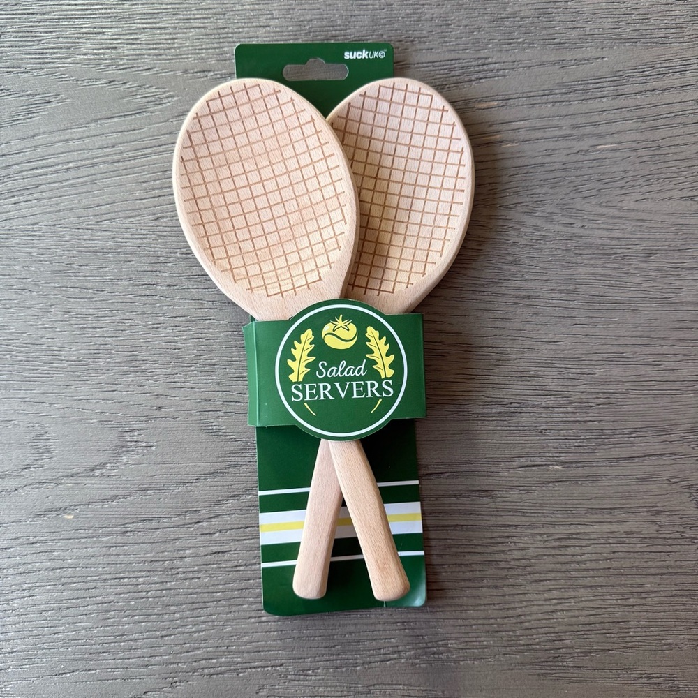 Tennis Racket Themed Wooden Salad Serving Spoons NWT